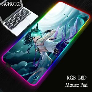 Cuscinetti per mouse polso riposo genshin impatto rgb cuscinetto mouse anime da gioco mousepad gamer di tappeto mouse grande xxl 100x55 tavolo luminoso tampone tampone da scrivania con retroilluminazione Y240419