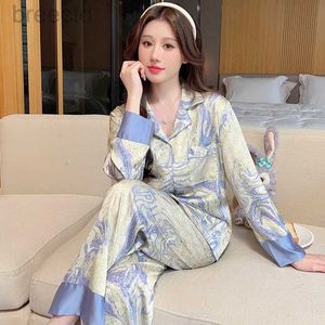 Women's Sleep Lounge Beauty Home Suit Spring/Summer New Two Piece Set Pyjamas For Women Pigiami Donna Satin Silk Long Sleepwear Loungewear Women D240419