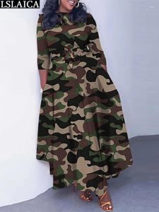 Casual Dresses For Women Camouflage Print Fashion Long Sleeve Big Swing Fall Clothes Plus Size Dress With Bandage