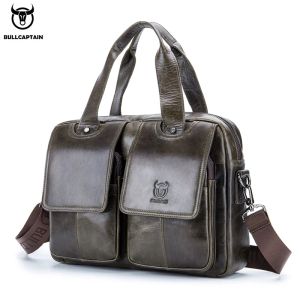 BROCTCASES BULLCAPTAIN Men's Real Leather Portises 14 tum Laptop Sleeve, Casual Shoulder Messenger Bag, Tote, Work, Office, 042