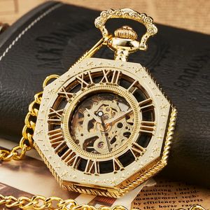 Hexagonal Mechanical Pocket Watch Golden Sliver Bronze Hollow Fob Chain With Box Men Women Lady Watches Mens Vintage Gifts 240416