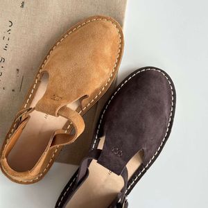 Shoes Genuine Leather Flat in Round Toe T-belt, Soft Comfortable