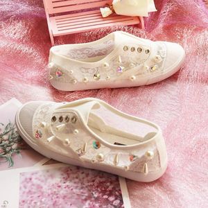 Casual Shoes Woman Loafers Knitted Slip On Spring Handmade Flat Moccasins Ladies Wide Fit Zapatos De Mujer Lace Pearl Diamond