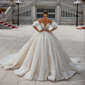 Stunning Beading sequined Pearls Lace Sweetheart Ball Gown Wedding Dress Delicate Appliques Lace Off Shoulder Puff Sleeves Bridal Gowns 2024