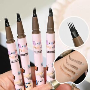 Tillförsel 4 färger Eyebrow Pen Waterproof 4 Fork Tip Eyebrow Tattoo Pencil Kosmetisk långvarig naturlig mörkbrun flytande ögonbryn