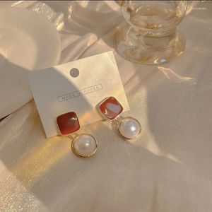 Stud Earrings Geometry Red Square White Round Pearl For Women 2024 Korea Fashion Student Drop Earring Gold Plated Trendy Jewelry