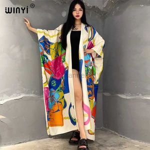 Podstawowe sukienki swobodne Winyi Kimono Africa Summer Boho Print Beach Stroje dla kobiet pokrywki długi płaszcz elegancki płaszcz stroje na plażę dla kobiet maxi sukienka 240419