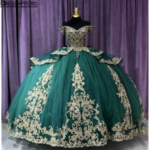 2024 Quinceanera Dresses Green Lace Appliques Off Shoulder Crystal Beads Short Sleeves 3D Floral Flowers Plus Size Formal Party Prom Evening Gowns