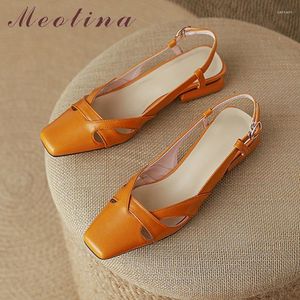 Klänningskor meotina kvinnor äkta läder slingbacks pumpar fyrkantiga tå tjocka mitt klackar spänne damer mode sommar orange beige 43