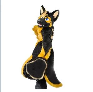 Preto e amarelo Husky Dog Fox Mascot fantasia de pele de couro de fúria halloween trae reproduzir