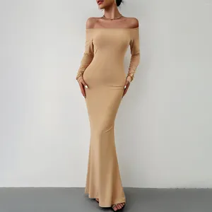 Casual Dresses Spring Autumn Women Solid Dress Elegant Sexy Bodycon Slim Off Shoulder Maxi Long 2024 Evening Party Gown