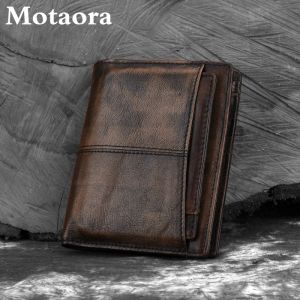 Wallets Motaora Men's Wallet Oil Wax Cowhide Short Purse Vintage Coin Bag Men Genuine Leather Wallets Distressed Solid Clutch for Male