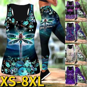 Calça feminina 2024 Spring 3d Dragonfly Imprimindo Yoga Tank Sports Tops Tops Leggings Mantenha o Slimt Duas Peças Conjunto XS-8XL