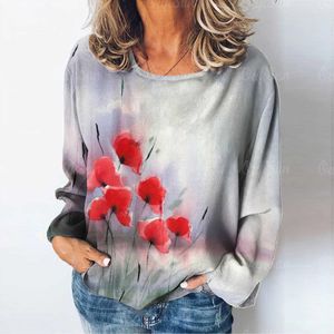 2024 Höst- och vinterlång ärm U-hals Fullskärm Tryckt T-shirt 3D Floral Fragments