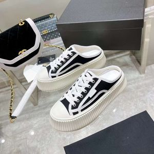 Casual Shoes Boots High Version Small Fragrant Style Thick Sole Biscuit Half Trailer, Canvas, One Foot Rise, Versatile White for Women