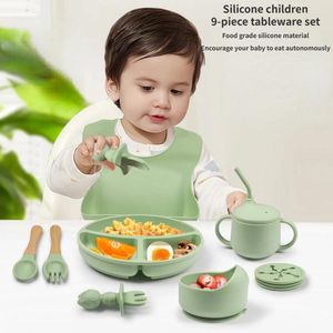 Bowls Children's Complementary Silicone Plate Bowl Fork Spoon Bib 9-piece Tableware Set Drop Resistant