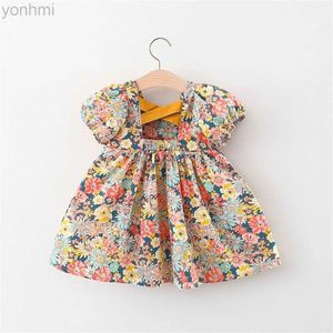 Girl's Dresses Summer girl dress baby girl full of flower print back strap with bubble sleeves princess dress childrens dress d240419