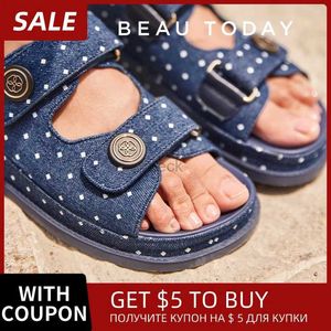 Sandaler Beautoday Leisure Sandaler Kvinnor Denim Blue Polka Dot Hook and Loop Button Decoration Summer 2023 Ladies Shoes Handmade 34580 240419