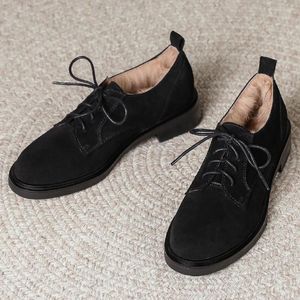 Casual Shoes Womenn's Natural Suede Leather Lace-Up Flats Winter Pur Inside Warm Oxfords British Style High Quality Female Shoe