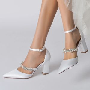 Sandali con tallone spessa scarpe da sera satinata con punta di punta con cinturino in cristallo alla caviglia medio cinturino da sposa da sposa da sposa