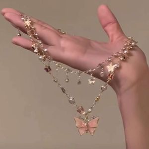 Colorful Pink Spring Lanfu Butterfly Layered Tassel Necklace Female Escape Princess Light Exquisite Neckchain