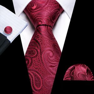 Fashion Red Paisley Mens Necktie for Wedding Tuxedo Classic Black Solid Tie with Pocket Square Cufflinks Set for Man Business 240323