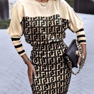 小売女性デザイナーの服ファッションプリントウエストラウンドネック長袖ボディコンドレススカートレディースG691A