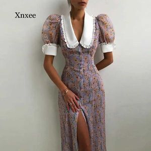 Temel gündelik elbiseler yaz bayanlar zarif düğme yarık uzun etek v yaka çiçek moda retro puflu kol elbisesi seksi baskı plaj elbisesi 240419