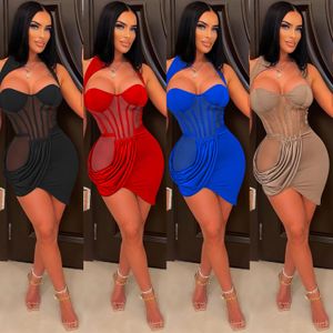 Pure Color Mesh Transparent Wrapped Chest Pleated Irregular Skirt Dress For Women