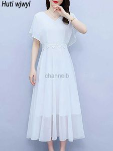 Grundläggande avslappnade klänningar Summer White Chiffon Elegant Party Long Dress 2024 Black Farterfly Sleeve Casual Beach Dress Women Bodycon Chic Prom Night Dress 240419