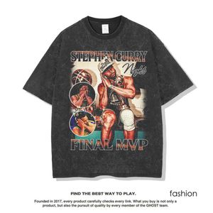 Män s t skjortor ungdom rolig bomull steph curry tryck tees amerikansk stil high street tvättade vintage t shirt män lösa korta ärm toppar 2356