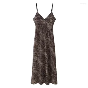 Casual Dresses Yenkye Sexiga kvinnor Vintage Animal Print Satin Sling Långärmlös V Neck Female Club Party Vestidos