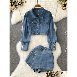 Kvinnor Tvåbitar byxor DEAT CASURE SET LAPEL Långärmad lös denimjacka Fake Twopiece High midje Slime Shorts Spring 11xx01021 Dro OT5SY