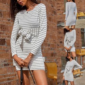Casual Dresses V Neck Sweater Dress Fashion Womens Stripes Round Taping Long Sleeve Comfy For Young Women