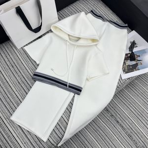 New short hem patchwork letter woven hooded top paired with straight leg pants set