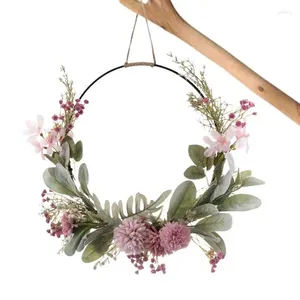 Fiori decorativi Giove a cerchio floreale Porta anteriore artificiale con foglie rosa e verdi da 41 cm/16 pollici ganci rotondi per la primavera