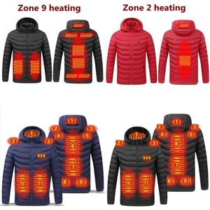9人のメンエリア加熱されたジャケットメンズダウンパーカーUSB冬の屋外電気暖房ジャケットウォームスプロットサーマルコート衣料加熱可能なコットンジャケット