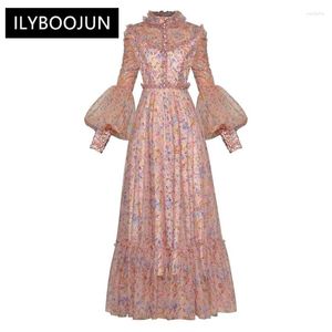 Casual Dresses Long Dress Designer Fashion High Quality Spring Women's Print Mesh Lantern Sleeve Runway Vintage Elegant Chic Party