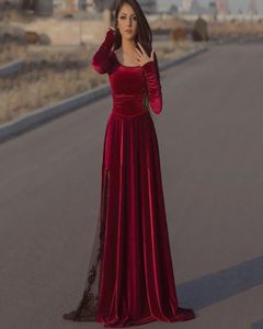 Burgundy Velvet Caftan Evening Long Sleeve Black Lace Dubai Formal Party Gowns Longo Prom Gowns 20212572071