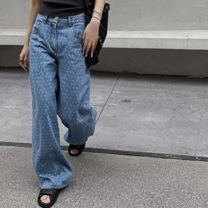 Frauen Jeans Saisonal hohe Taille Wide Leg Women Stickerei Lose Schlank