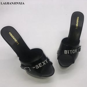 LAIJIANJINXIA Sexy Nightclub Women Wedding Party Shoes Black Dancing Shoes 15cm High Heels Thick Platform Slippers 240410