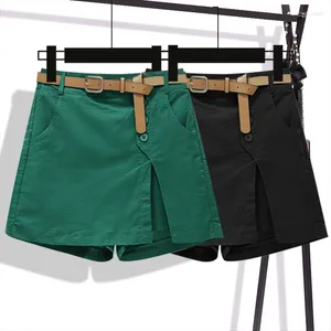 Women's Shorts Pure Cotton Casual Solid Color Summer All-match Korean Fashion A-line Trousers Elastic Waist Belts Side-slit Buttons A61