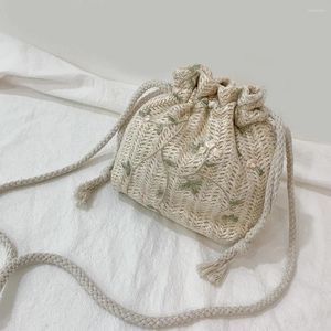Bolsa de palha de palha bolsas de mochila feminino decoração de flores de renda ruptil schal bola crossbody