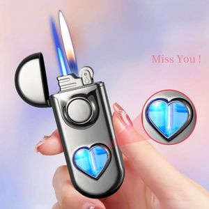 Creative Love Air Chamber Dual Fire Butane Without Gas Lighter LED Blue Light Transparent, Grinding Wheel Ignition Windproof Lighter