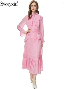 Повседневные платья svoryxiu модная взлетно-посадочная полоса осень вечеринка розовый высокий талию длинные платья женское рукав с твердым цветом a-line a-line