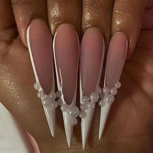 Falska naglar Long Pointed Head False Nails French White Pearl Press On Nails Korean Style Full Cover Women Lady Artificial Fake Nails 24st Y240419