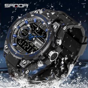Zegarek Sanda 6029 2024 Dual wyświetlacz Outdoor Sports Army Green Pasek 50m Waterproof Watch wielofunkcyjny cyfrowe zegarki LED dla mężczyzn