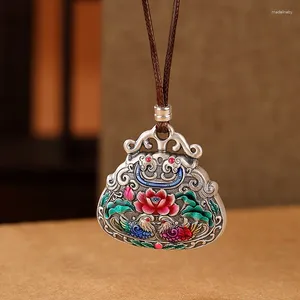 Kedjor 925 Silver Cloisonne Auspicious Mandarin Duck Lotus Flower Emamel Necklace Drop Pendant Classic Vintage Jewelry for Women