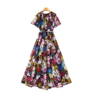 Summer Multicolor Floral Print Chiffon Silk Dress Kort ärm Runda halsbältade Midi Casual Dresses S4M110306