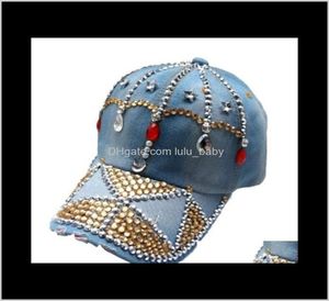 Ins Fashion Luxury Designer Colorful Diamonds Crystal Crown Blue Jeans Demin Summer Baseball For Women Girls Sun Hats7701452